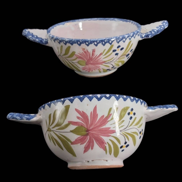 Paar Vintage Quimper Style Französische Steingut Porringer Schalen, handbemalt, Französische Suppenschalen Sammlungsschalen, Rustikale Suppenschalen