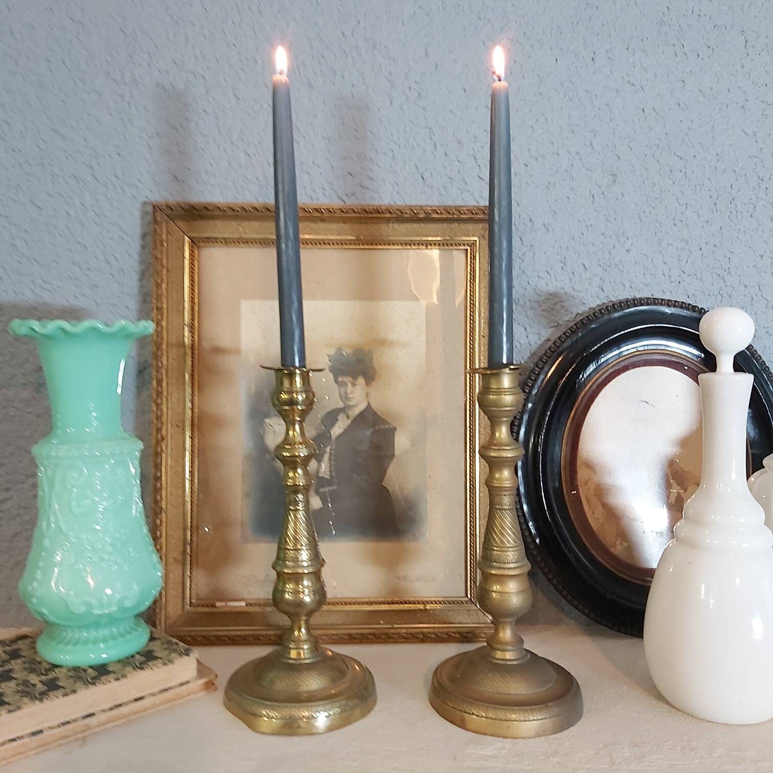 Bel Ensemble de 2 Grands Élégants Français Antiques en Laiton Fait à La Main/Bougeoir Bronze - Bouge