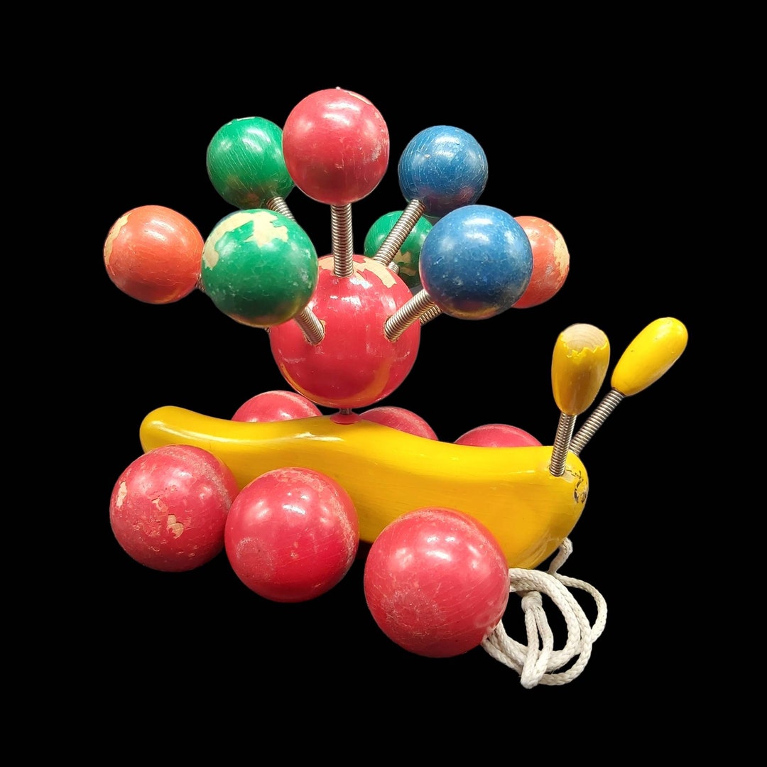 Vintage Caterpillar Pull Toy With String, Solid Lacquer Painted Wood in