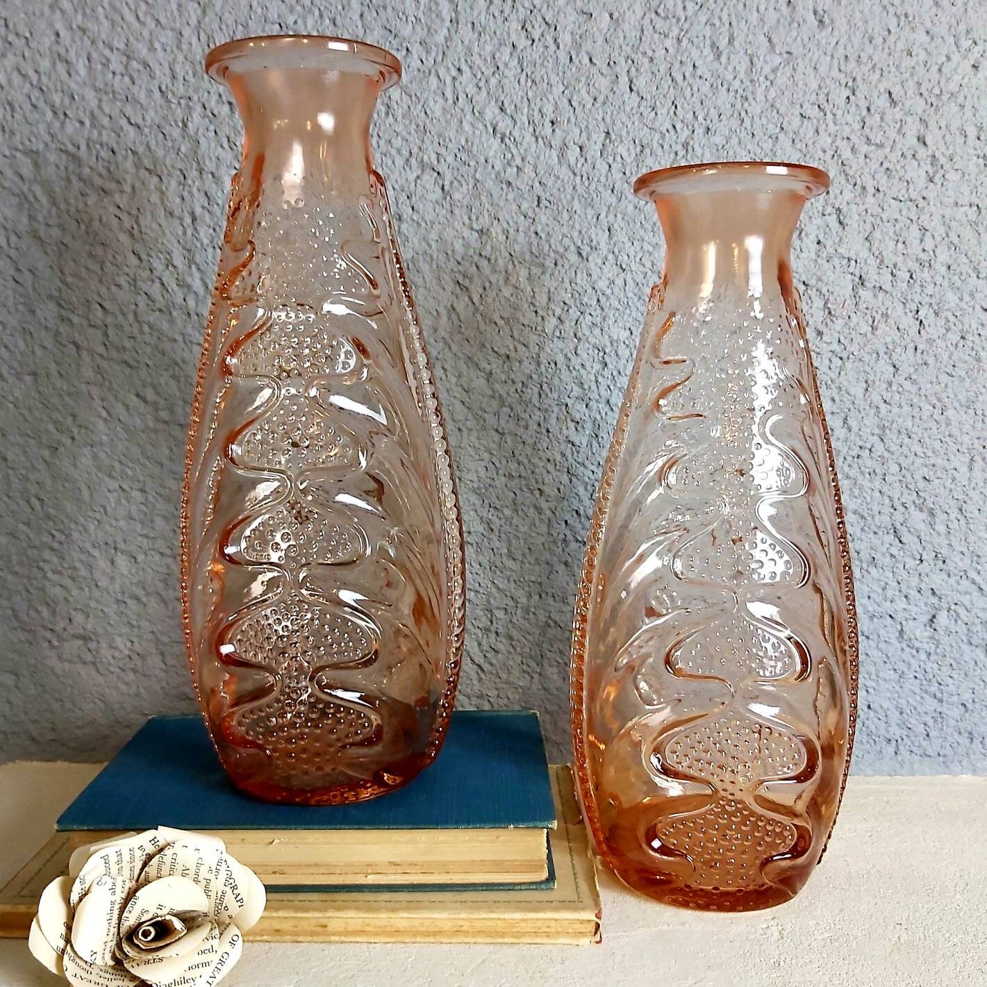 Superbe Grande Paire de Français Vintage Vase en Verre Moulé Rose Art Déco, Dépression, Dépression R