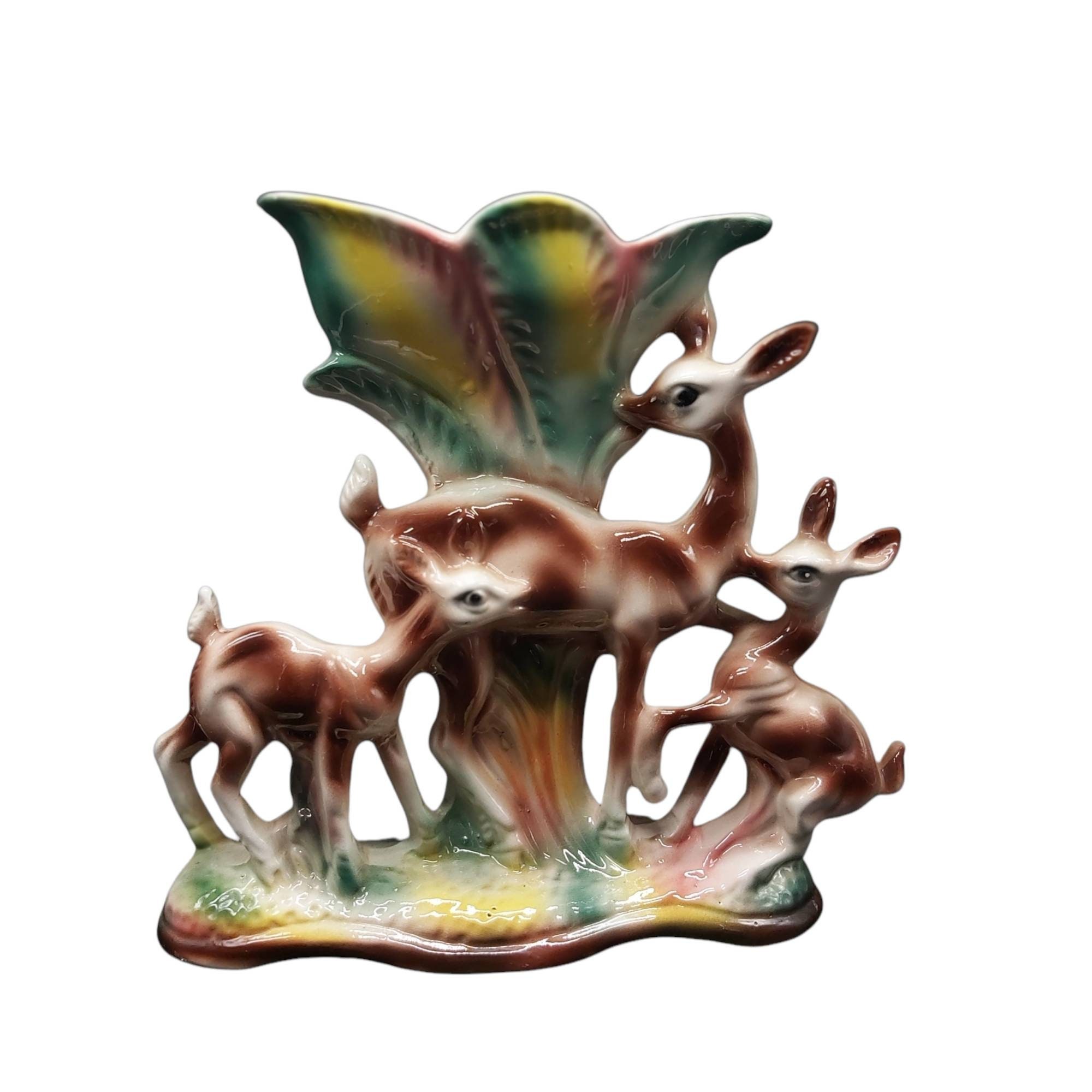 Beau Grand Vase Italien de Couleur Kitsch Lusterware, Montrant Un Cerf et Deux Faons, Des Années 196