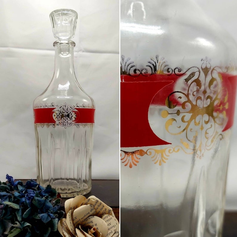 Vintage Modder, Italian, glass decanter with red and gold band,