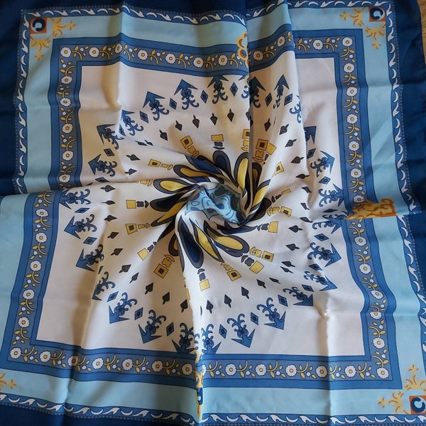 Vintage Movitex Large Head or Neck Scarf with White, Blue and Yellow Floral Pattern | Vintage Square Scarf | Bandana | Neckerchief