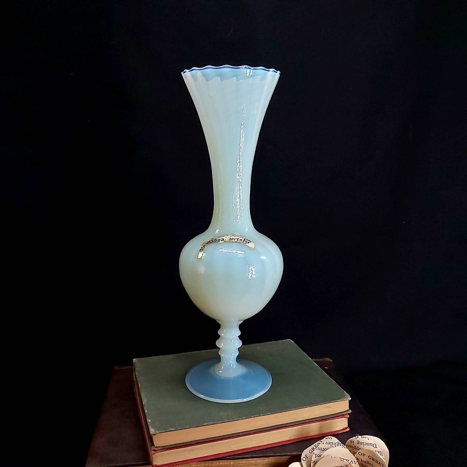 Vintage Opalina Fiorentina Blanc Opalin Verre à Long Cou, Vase Original, d'art Italien Opalin, Cadea