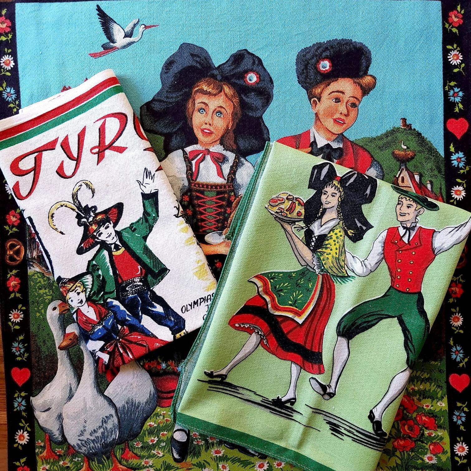 Bel Ensemble de 3 Torchons en Coton Lourd d'art Populaire Traditionnel Autrichien Vers Les Années 19