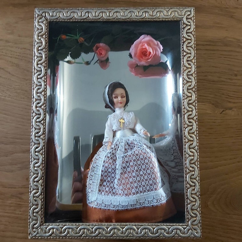 Vintage Shadow Box, Diorama, French Doll in Black Box Frame, Blue eyes, framed Doll, Nun Doll, Black and Gold frame, pink flowers image 8