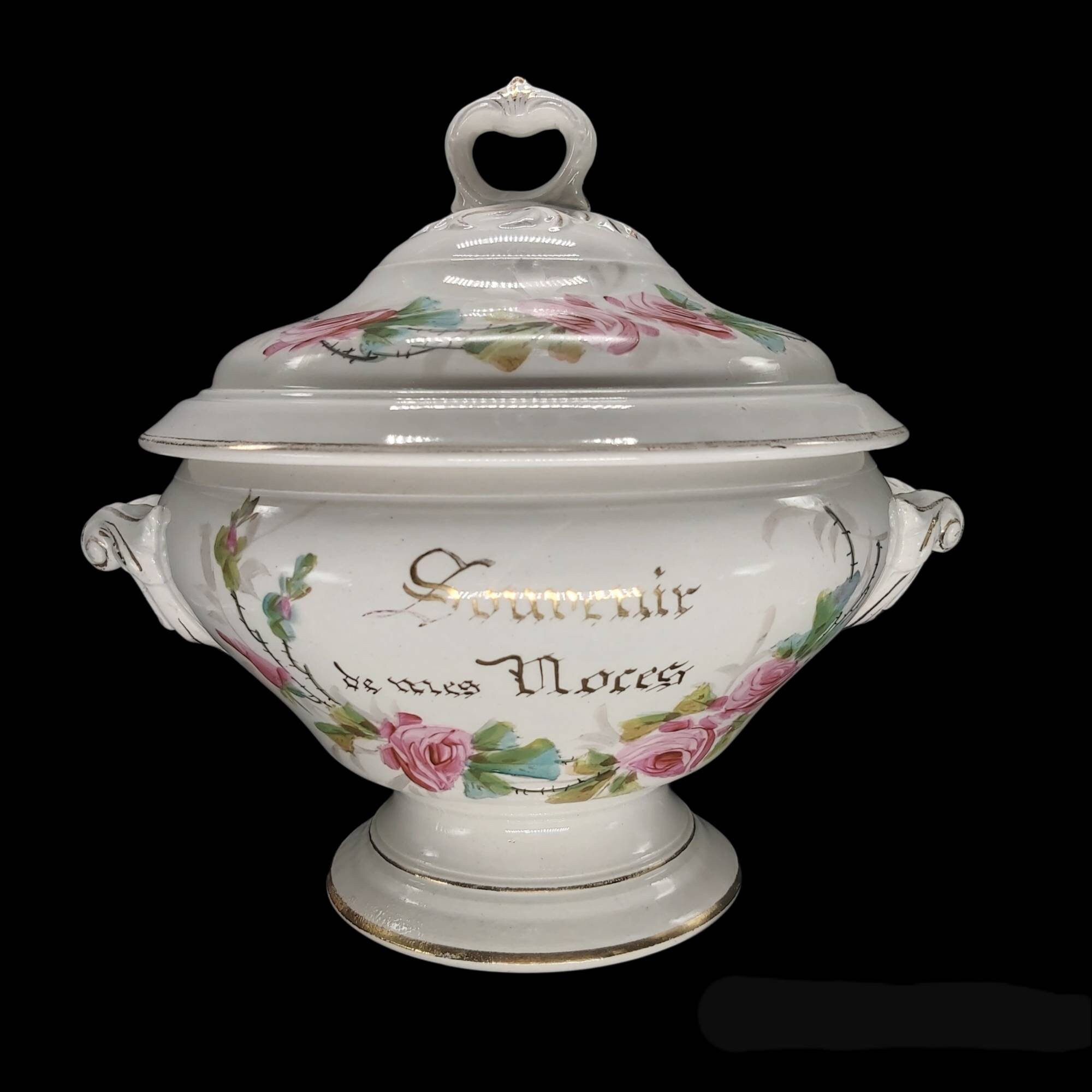 Antique Français Ironstone Tureen, Soupiére, Souvenir de Mariage, Mes Noces, Pexonne, Faïence, Bol F