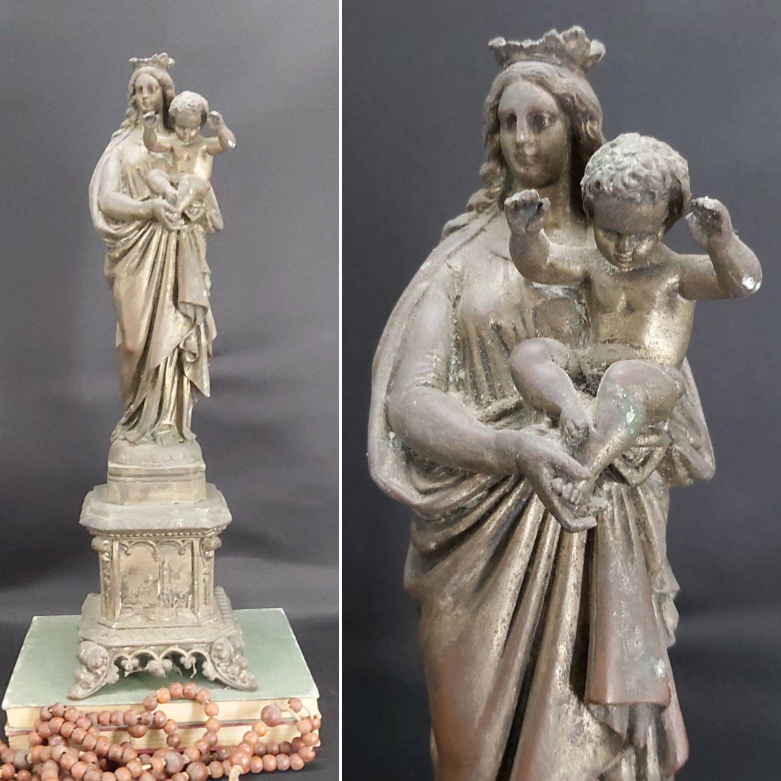 Grand Style Vintage en Métal/Bronze Français Statue de La Madone, Statuette Notre Dame Garde, Marie