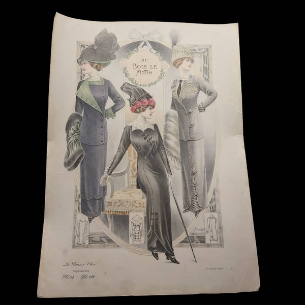 Französische antike Modeillustration 'La femme chic' Zeitschrift. La femme Chic 'Au Bois le Matin' Anfang der 1900er Jahre, französische Mode, antikes Papier