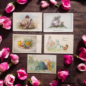 Set of 5 Antique Easter Postcards with Easter Eggs and Easter Chicks | Romantic Vintage Floral Ephemera | Collectible Botanical Art