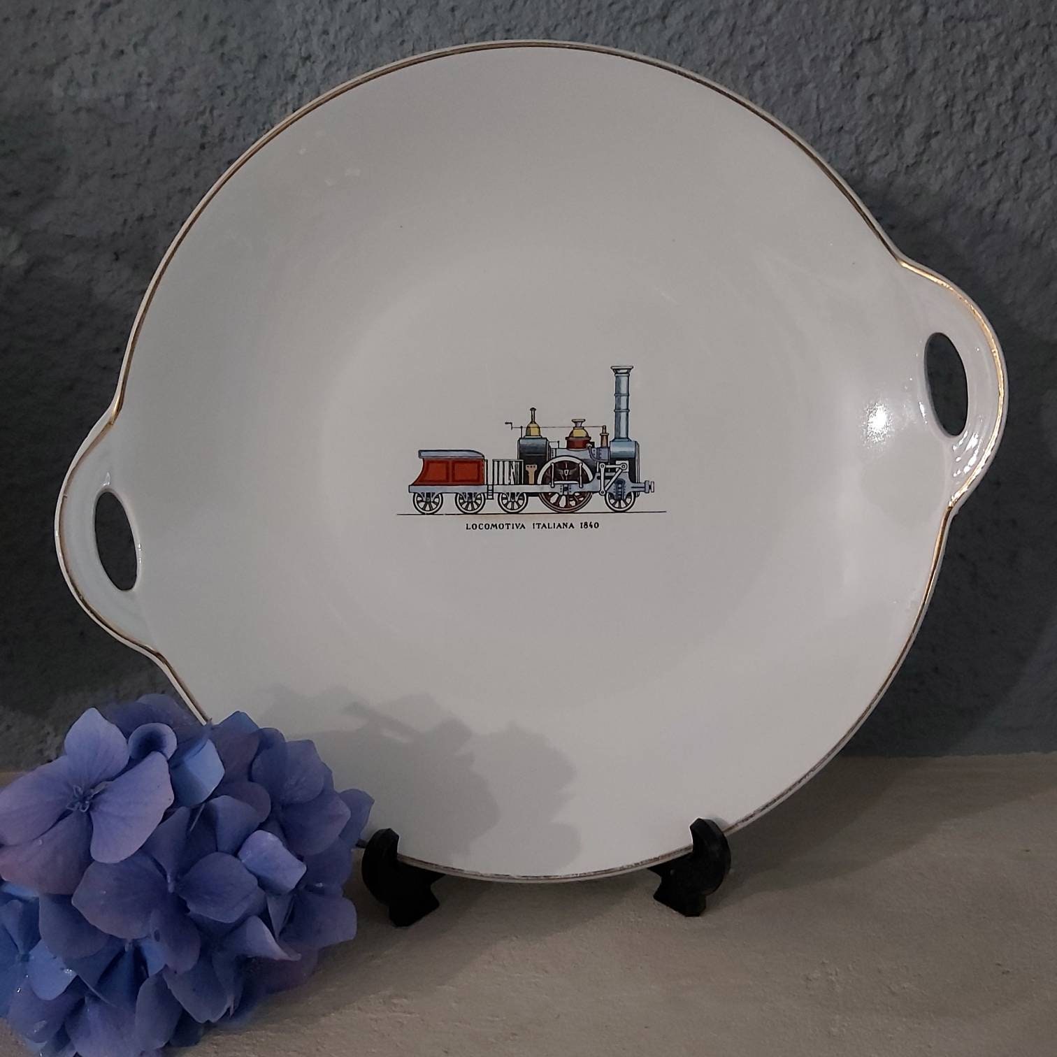 Vintage Kg Luneville Badonviller, France Assiette à Gâteaux en Porcelaine, Locomotiva Italiana 1840,