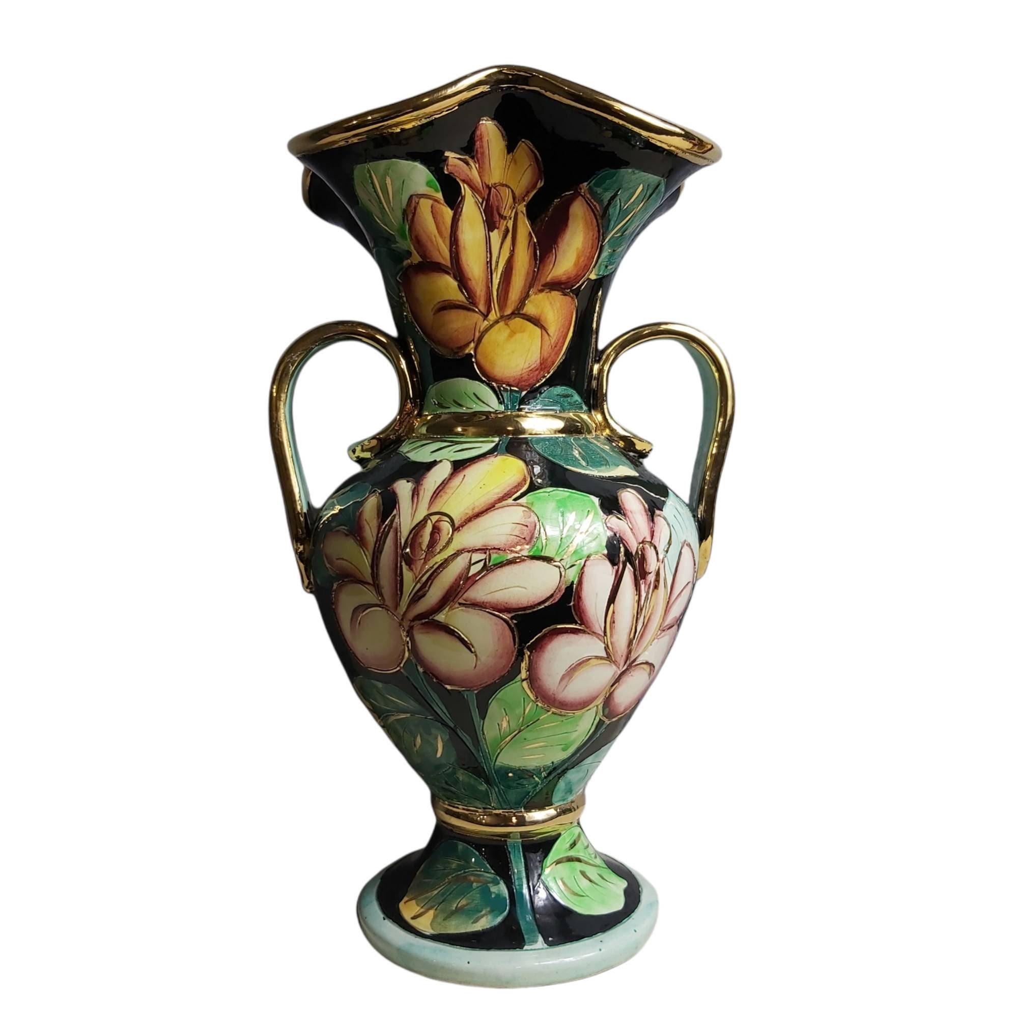 1950S Genuine Français Valluris Statement Vase Sculpté, Double Manche, Poignées Dorées, Urne, Fleurs