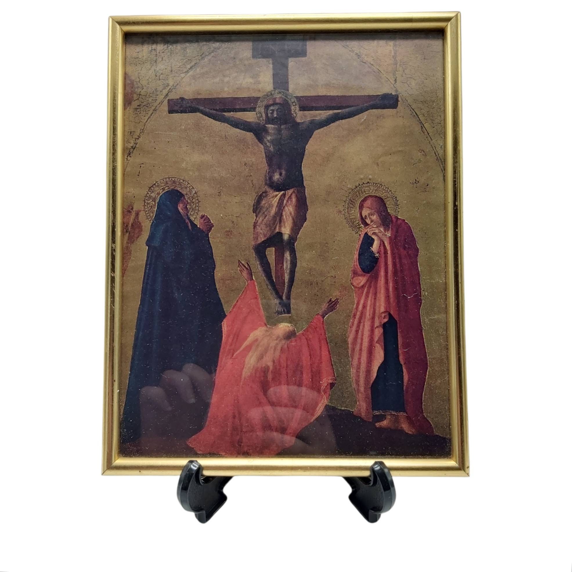 Estampe Religieuse Encadrée Vintage, La Crucifixion, Peinture de Masaccio, Christ en Croix, Art Reli