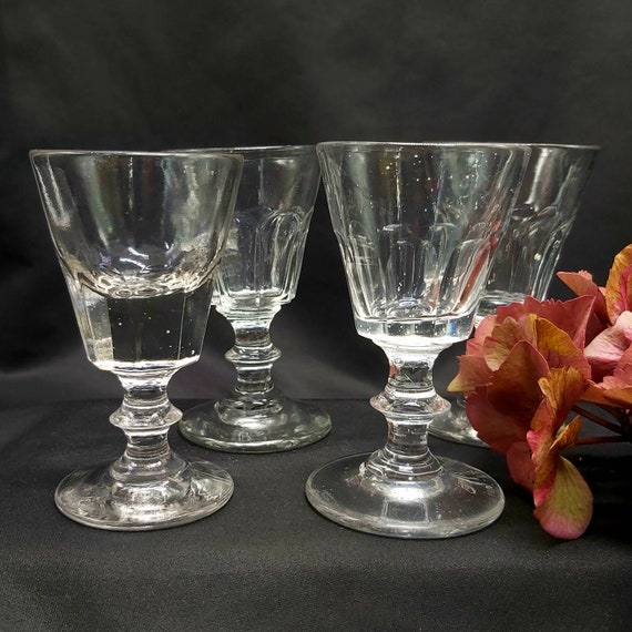 Set of 4 Antique Bistro Stemmed Glasses, Antique Faceted French 