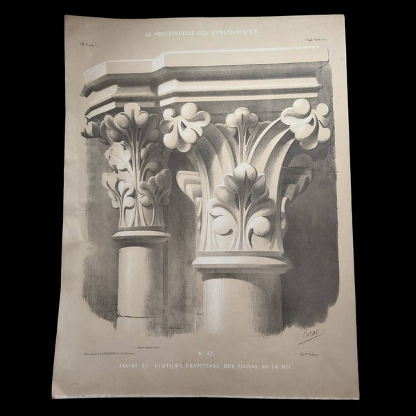 Antique French Architectural Lithograph - Eglise Ste Clotilde, Gothic style architecture - Lithographie Delarue JULES CAROT XIXc
