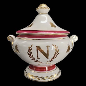 Antieke Franse kleine terrine uit het 1e tijdperk van Napoleon, antiek Sevres-porselein, Napoleon Golden Bee, Gold Napoleon N, antieke Soupiére