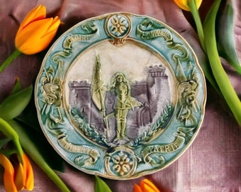 Antique French Timeworn Barbotine Plate depicting Joan of Arc, Jeanne D'arc, Salins-les-Bains Plate, Hand painted Ceramics