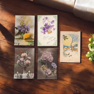 Lot de 5 cartes postales anciennes de Noël et du Nouvel An avec roses et violettes | Fleurs éphémères vintage | Art botanique de collection