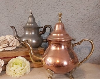 Set of 2 Beautiful Vintage Teapots, copper and Brass Teapot, Pewter, Etain teapot, 2 French vintage teapots