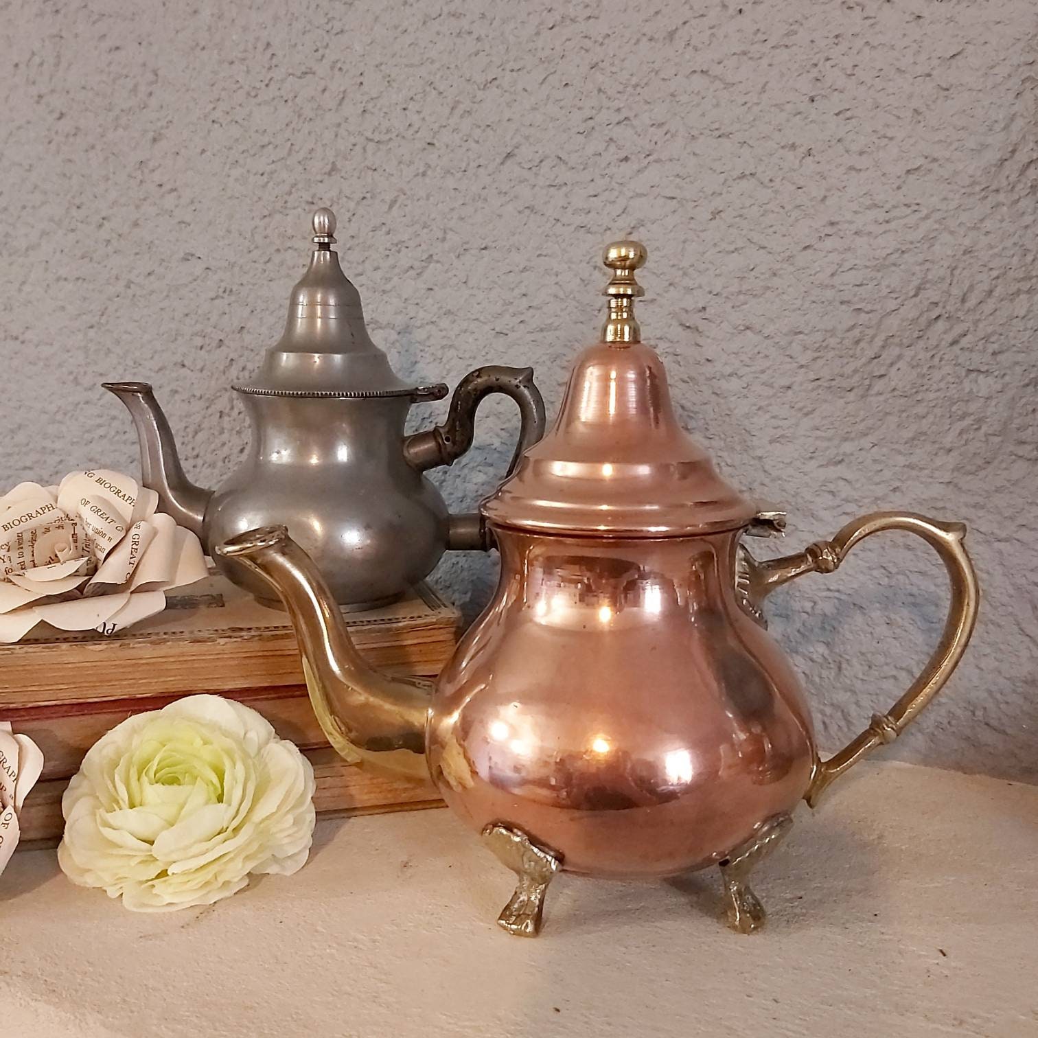 Ensemble de 2 Belles Théières Vintage, Théière en Cuivre et Laiton, Étain, Etain, Français Vintage