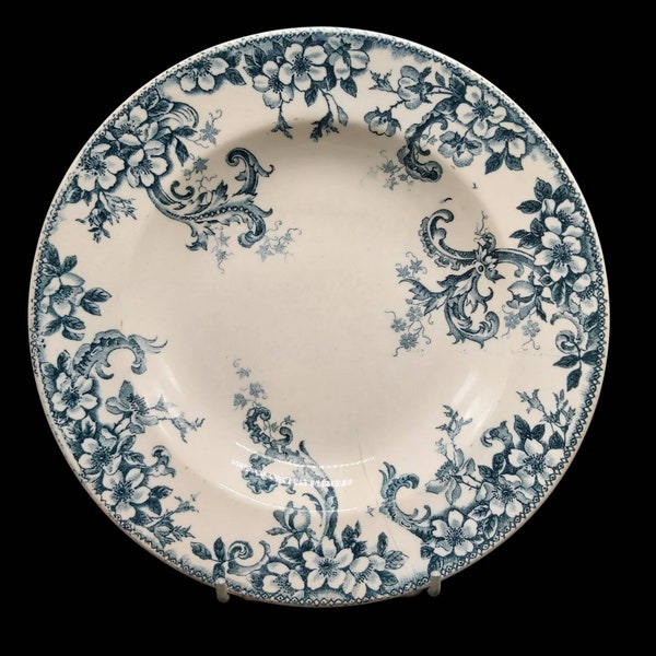 Antique Choisy le Roi Boulenger & Cie French Ironstone Soup Plate, Serving Plate, Wild Rose pattern, c1890 Blue Transferware