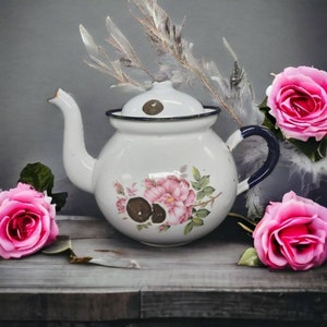 Vintage Enamel Teapot with Roses, Polish Enamel Teapot, Rustic Enamel TeaPot, Enamel Vase, 1930's, Rustic Teapot