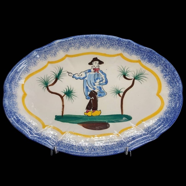 Stunning Vintage French Niderviller Pottery - Oval Serving Plate, Dish, Vide Poche, Trinket Dish... depicting a man in clogs and smock