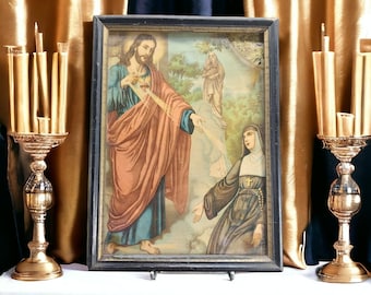 Antique Framed Print of The Wounds of Christ Wall Hanging | Antique Polychrome Lithograph | The Wounds of Christ | Religious Art