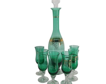 Vintage Italian Liquor Set, mid century, fine glass, green gold decanter with 6 glasses, steamed glasses, in original box