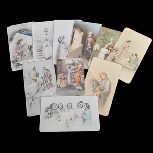 Lot de 10 cartes de messe souvenir de la Sainte Communion pour la plupart, vintage françaises et néerlandaises du milieu du siècle - Première communion
