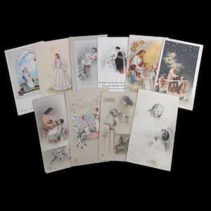 Lot de 10 cartes de messe souvenir de la Sainte Communion vintage, françaises et néerlandaises du milieu du siècle - Première communion