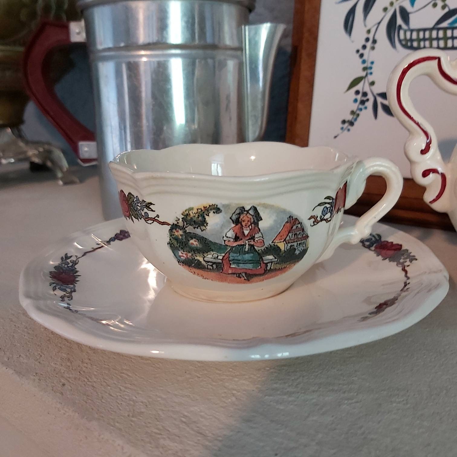 Vintage Sarreguemines Obernai Faienceries Français Café en Céramique, Tasse à Thé et Soucoupe, H.lou
