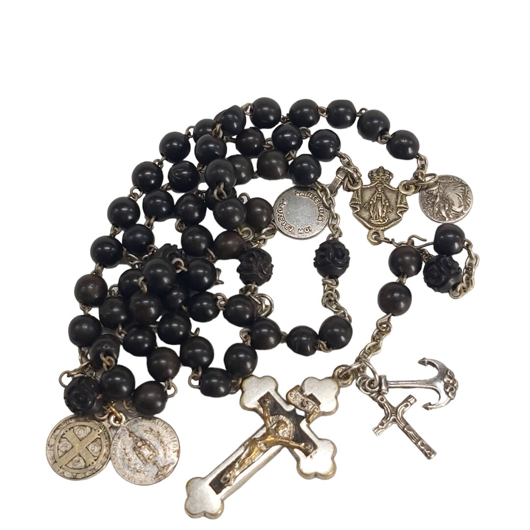 Antique, French, Black Rosary Beads With Old Silvered Crucifix With an