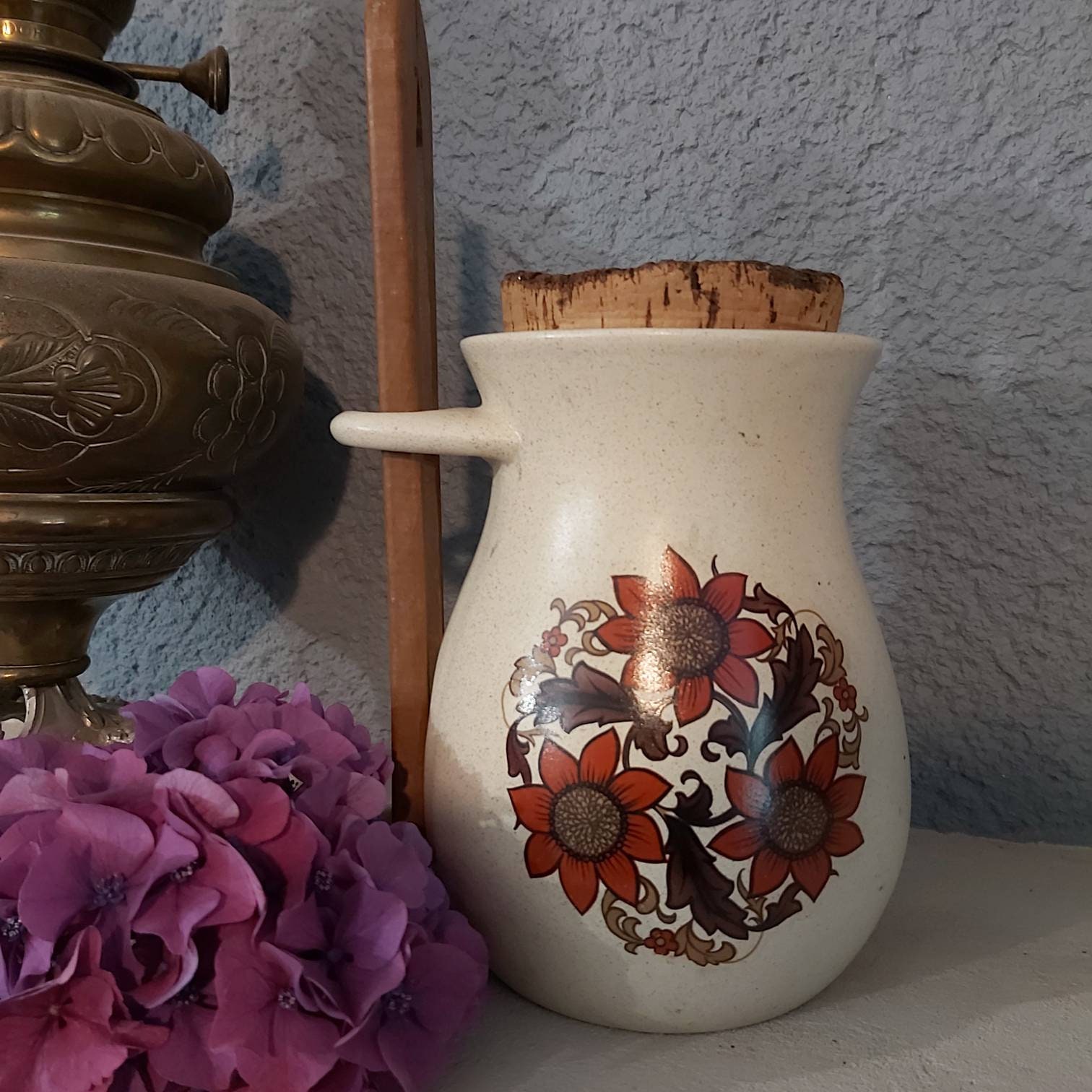 Vintage Français 1950 Cornichon Jar, Conteneur, Pot en Grès Français, avec Pinces, Flower Power, Rét