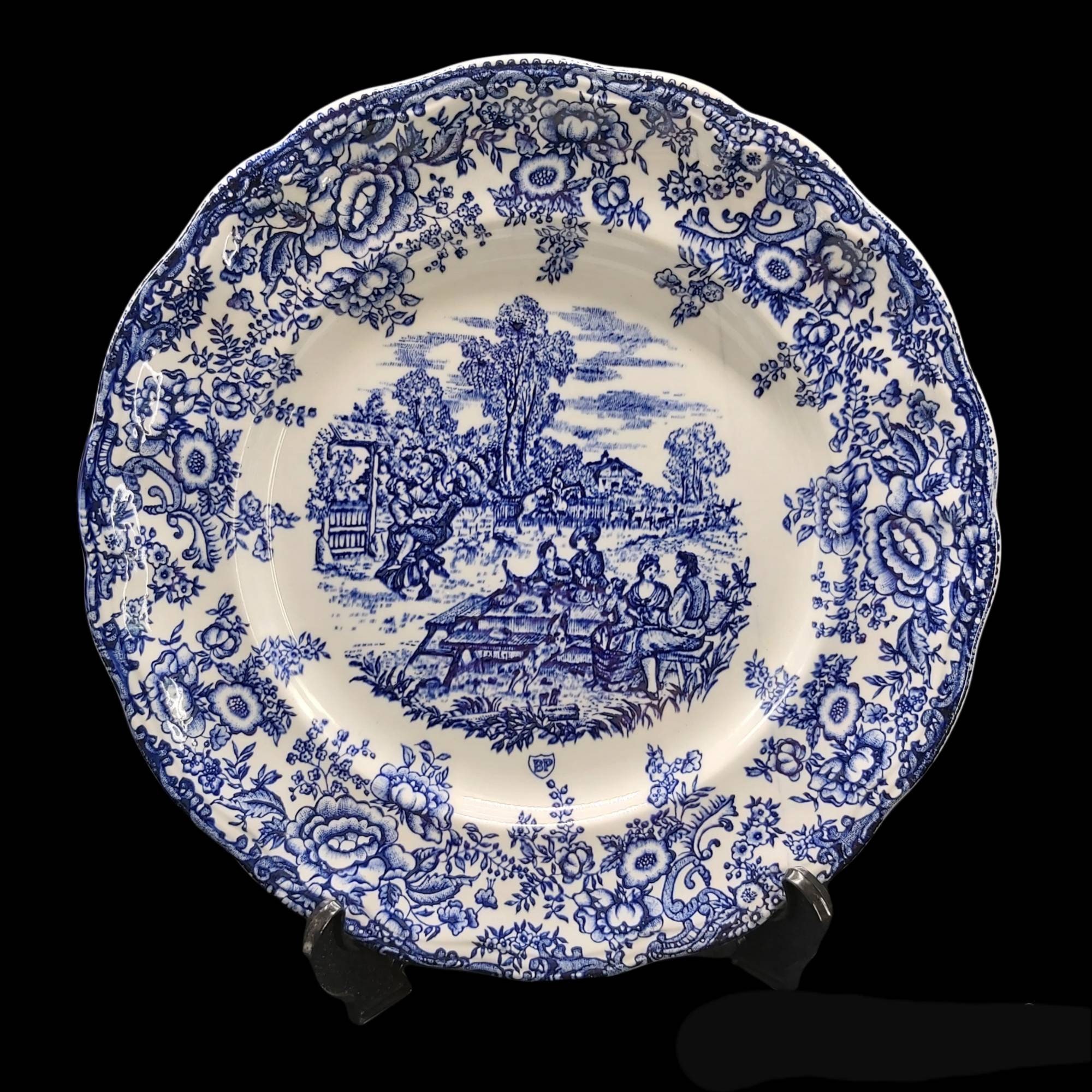 Belle Français Vintage Blue White, Delft Ceramic Promtional Plate, Country Festival avec Bord Floral