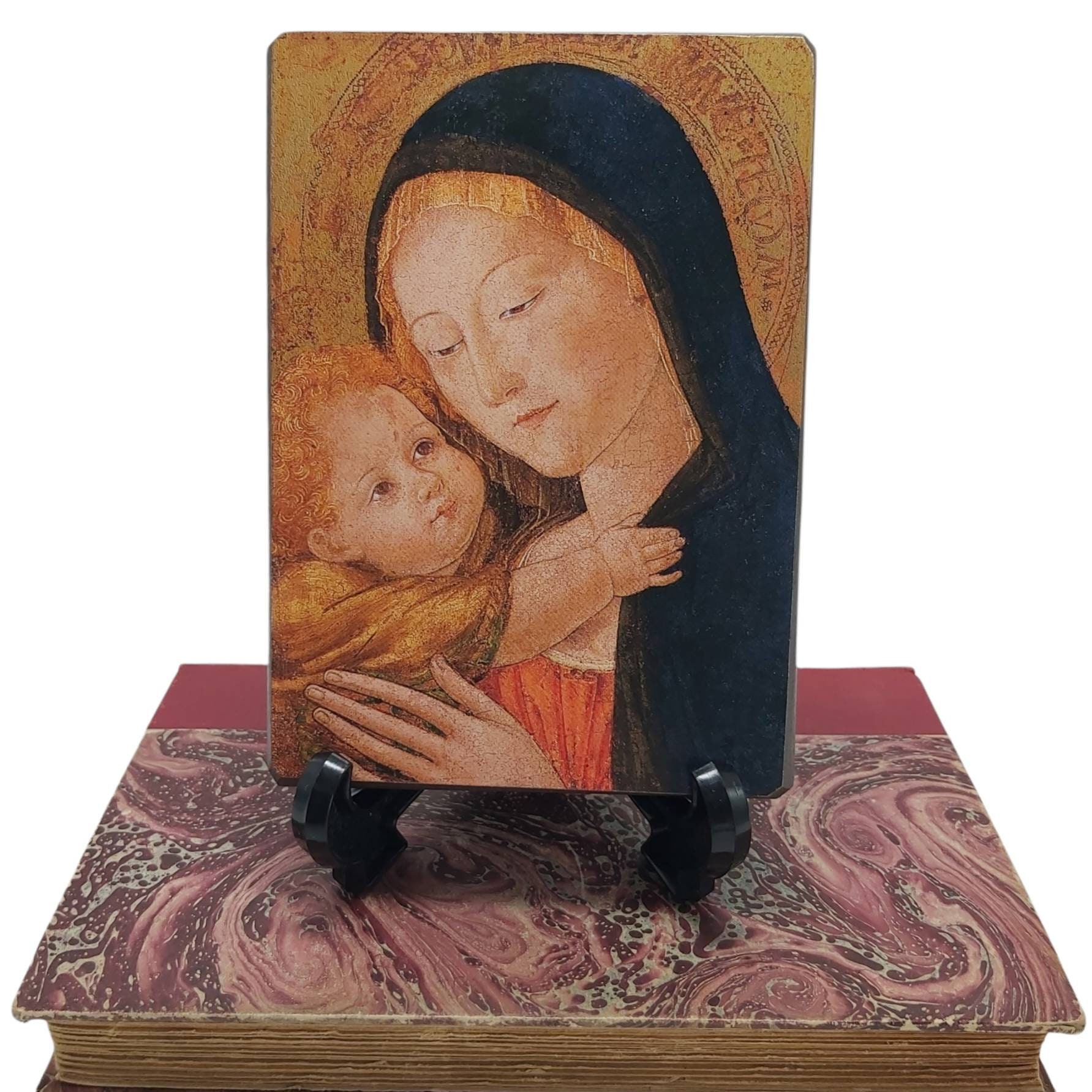 Belle Petite Français Murale Vintage en Bois Plaque Religieuse/Photo Décor - Vierge de Neroccio Musé