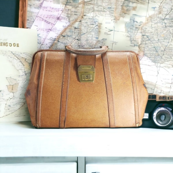vintage sac de médecin en cuir, sac Gladstone en cuir marron clair, sac de voyage de médecin, sac de chirurgien, fabriqué en Chine vers les années 1970