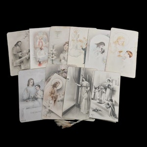 Lot de 10 cartes de messe souvenir de la Sainte Communion vintage, françaises et néerlandaises du milieu du siècle - Première communion
