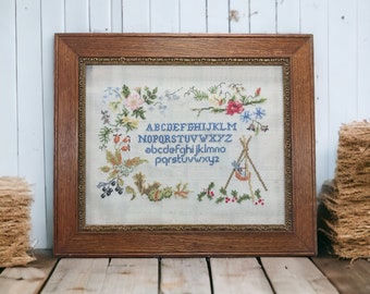 Vintage French Framed Hand-Embroidered Alphabet from the 1980s - Cross Stitch Alphabet - Rustic French Farmhouse Wall Décor - Wood Frame