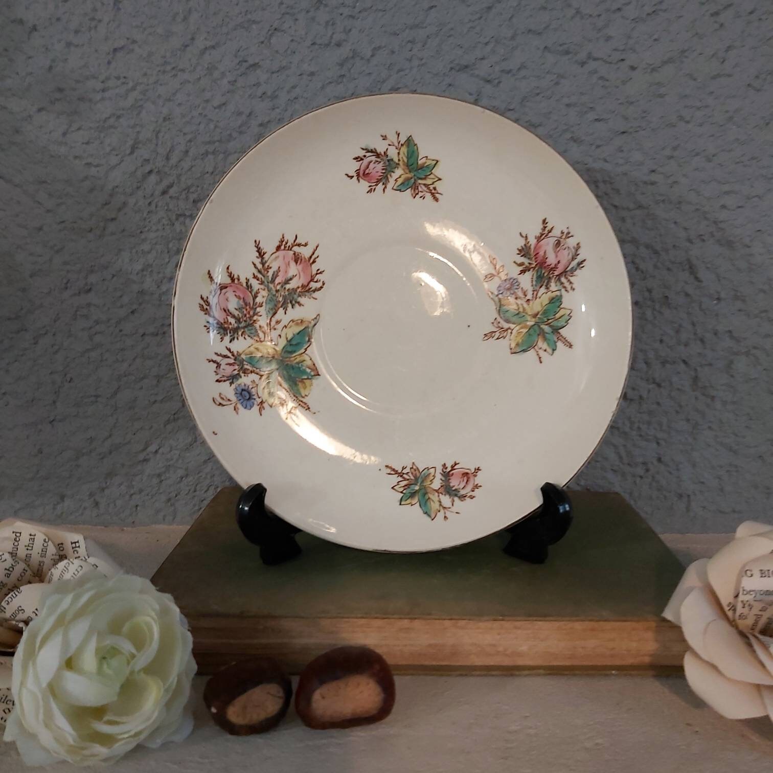 Ancienne Français Choisy Le Roi' Terre de Fer Céramique Soucoupe Florale, Assiette, Céramique Antiqu