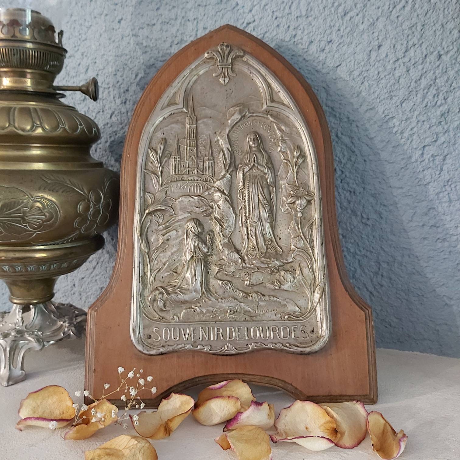 Plaque d'argent Antique, Plaque de Notre-Dame Lourdes, Musicale Ruffony, Boîte à Musique Fonctionne