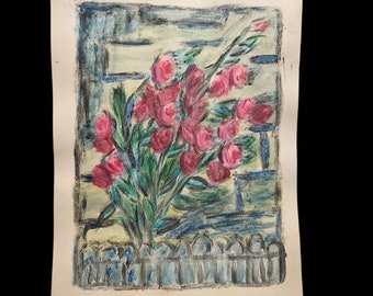 Original Vintage 1950's French Modernist / Impressionist Painting by a student artist 'Garden Rose', Amateur Art  - Original Art, Wall Decor