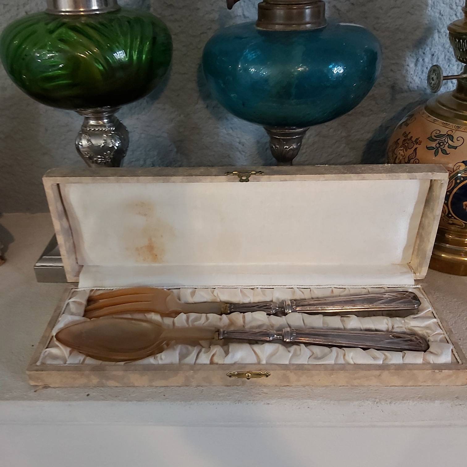 Vintage Français Style Art Déco Corne/Argent Plaqués Serveurs à Salade, avec de Délicats Détails en 