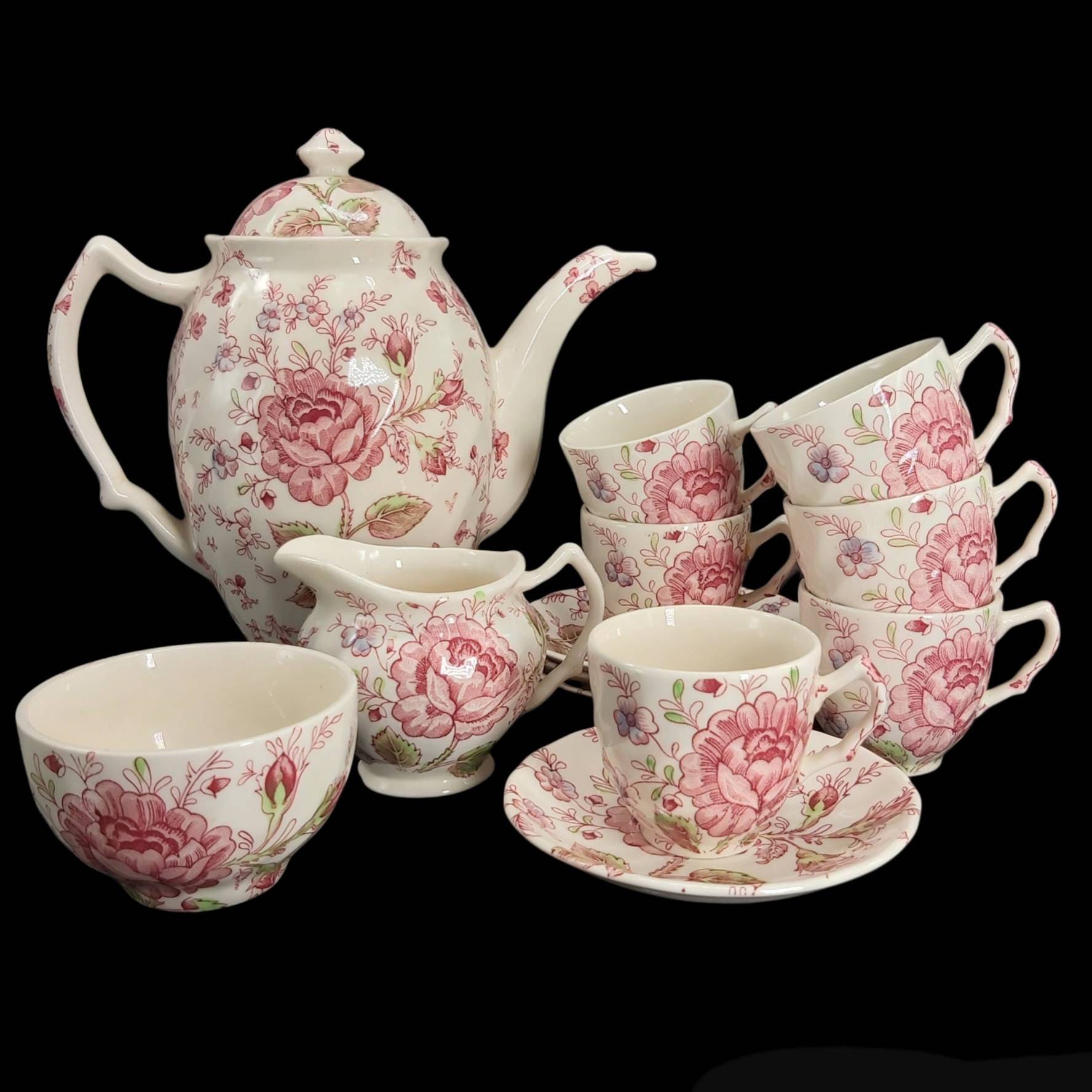 Rose Chintz Pink | Timbre Made in England/Par Johnson Brothers Fine China Service de Café Cafetière,