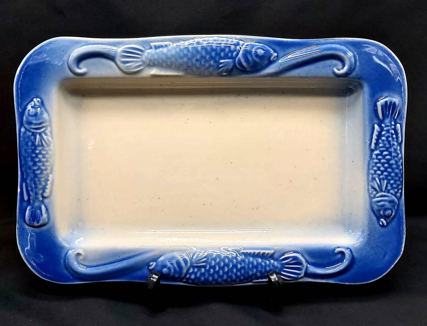 Assiette de Poisson Rectangulaire Français Vintage, Signée Bci Bretagne, Assiette Bleu en Céramique 