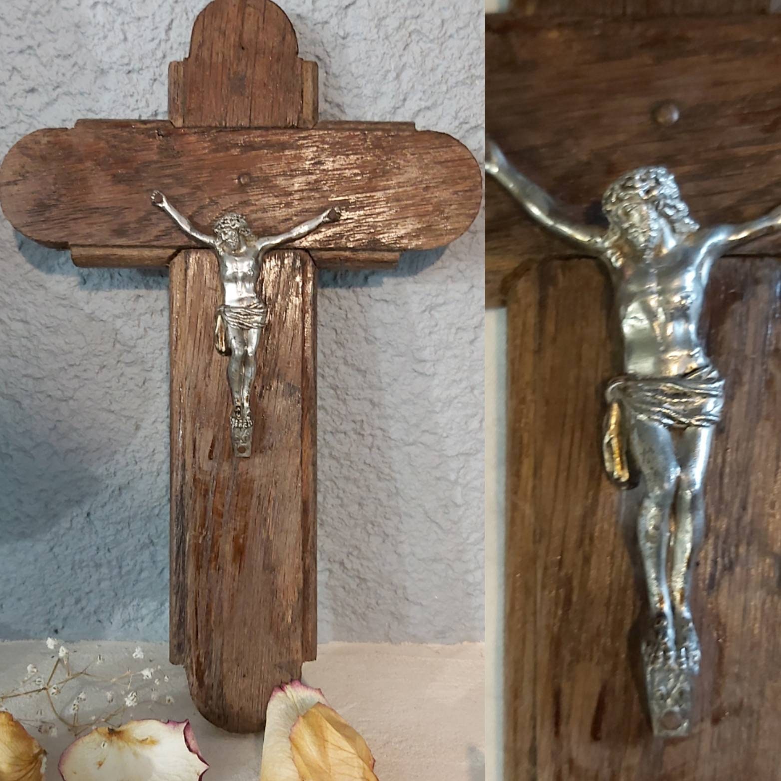 Crucifix Antique Français, Plaque Murale, Crucifix Suspendu, Christ en Métal, Croix Bois, Bois Sculp