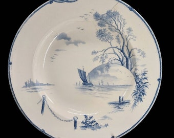 Antique French Gien Soup Plate, Depicting a boat on the water as seen from the shore, 19C Blue Transferware, Marines Collection