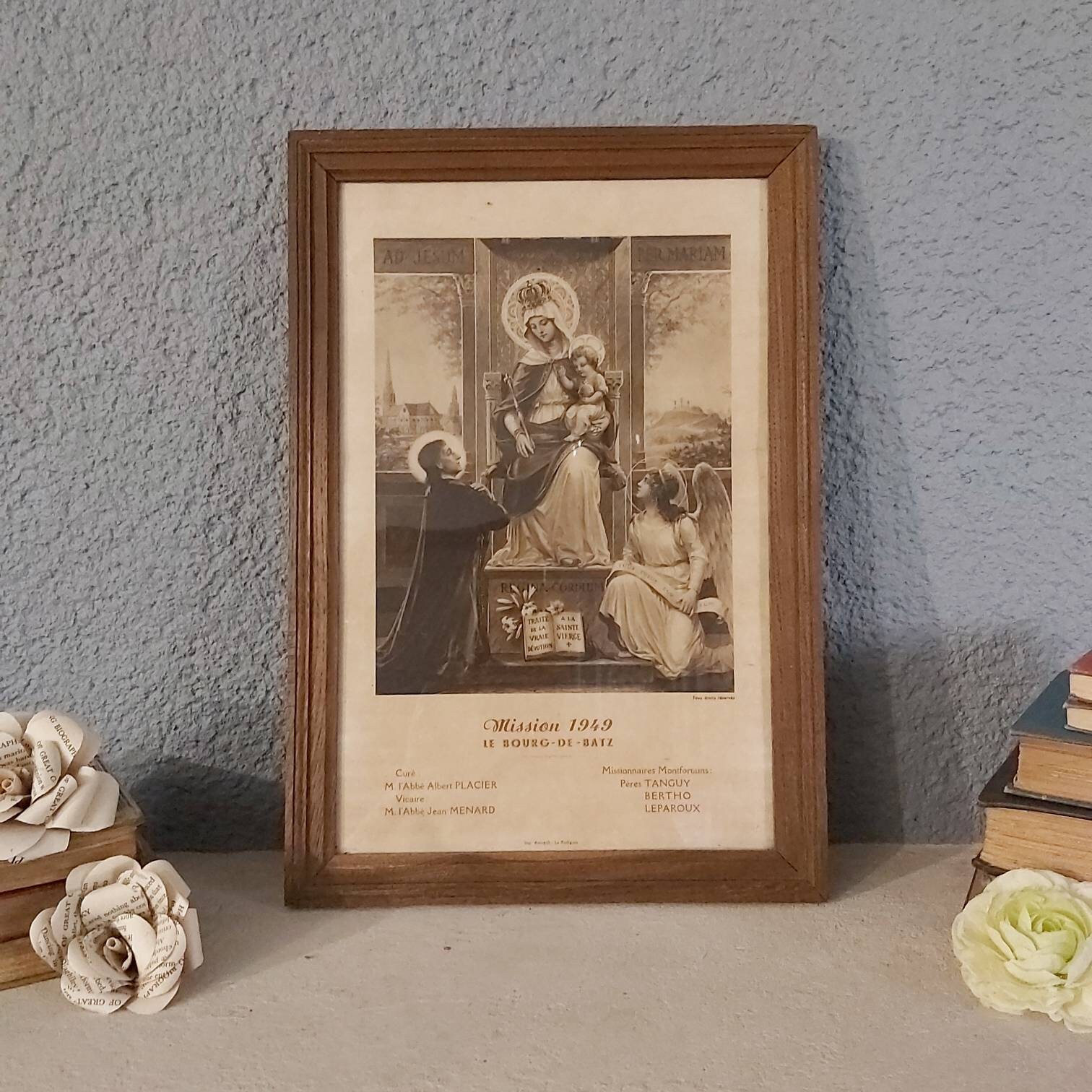 Vintage Français Lithographie d'estampes Religieuses Encadrées, Vierge Marie à L'enfant, Mission 194