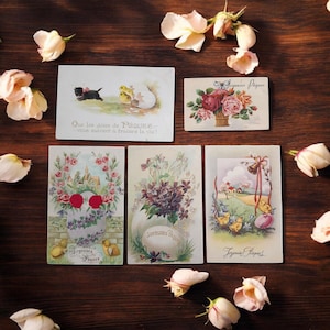 Set di 5 cartoline pasquali antiche con uova di Pasqua e pulcini di Pasqua / Effimere floreali vintage romantiche / Arte botanica da collezione