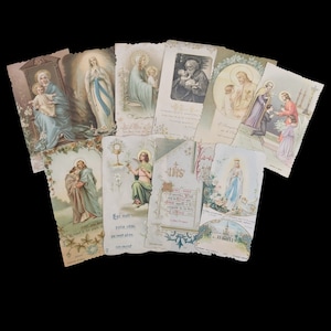 Set of 10 French Antique and Vintage Gold Embossed Mass Cards, Prayer Cards, Saint Cards dating from the late 1800s to mid 1900s